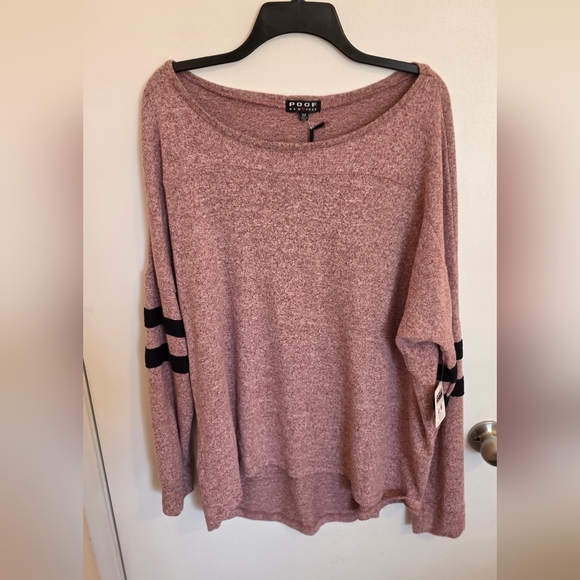POOF NEW YORK Pink Cotton Blend Soft Sweater Womens 2X Black Arm Stripes NWT - Picture 1 of 9